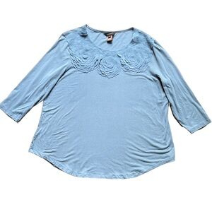 Feminine Baby Blue Flowy Boho Blouse Floral Rosettes 3/4 Length Sleeve ~ PXL